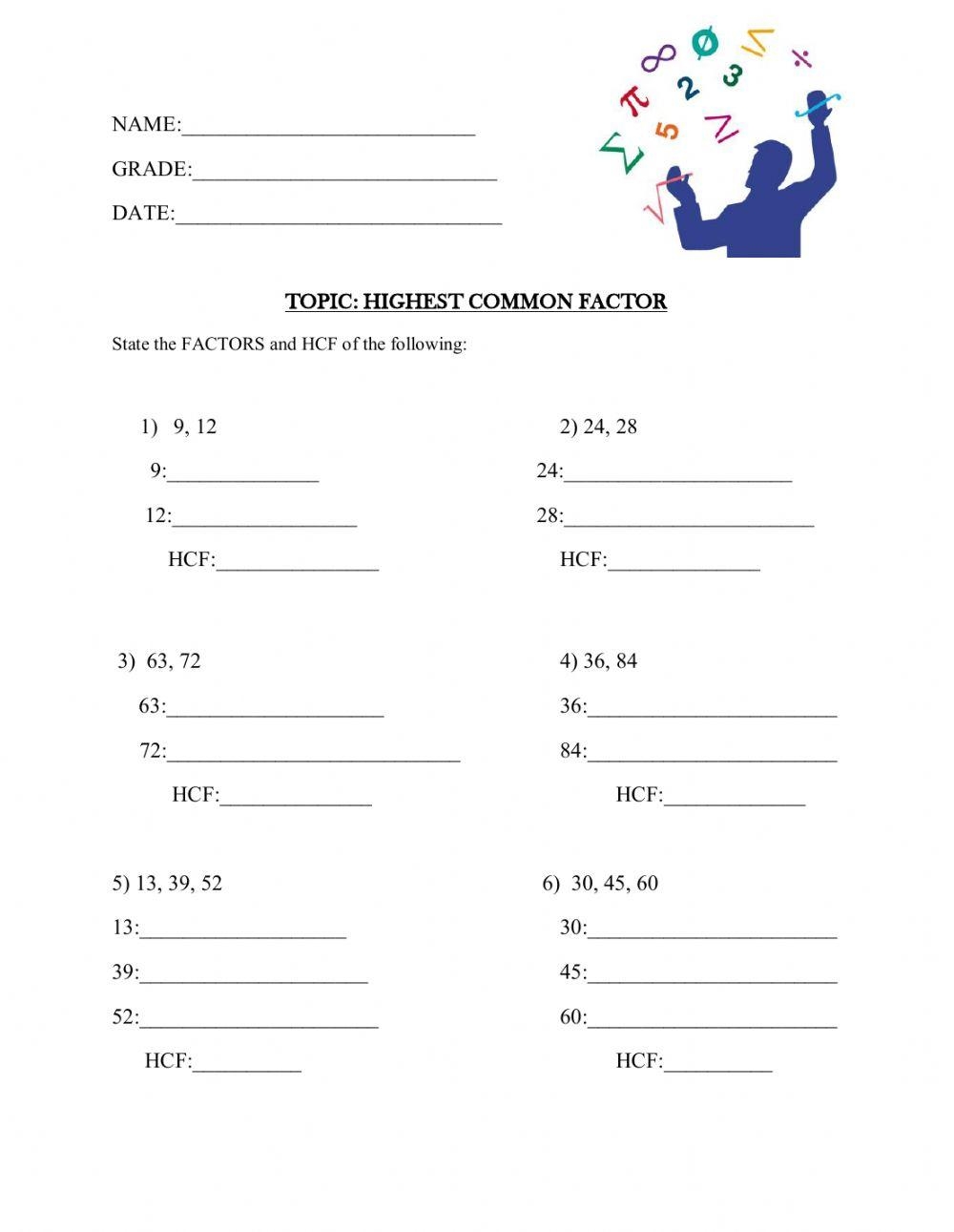 High Common Factor HCF Worksheet Live Worksheets Worksheets Library