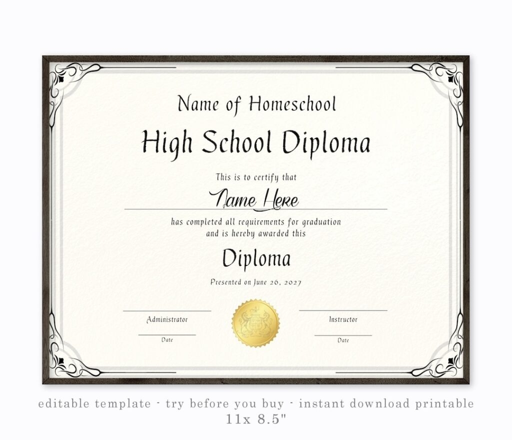 Homeschool Diploma Template Printable Fillable Form 2025