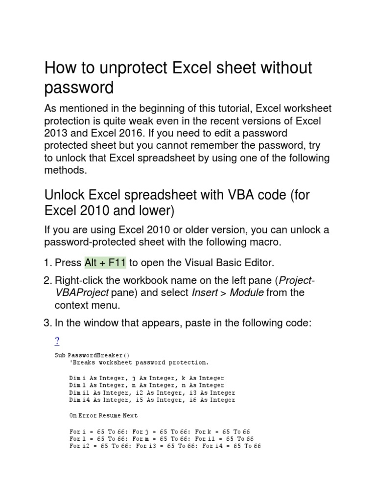 How To Unprotect Excel Sheet Without Password PDF Worksheets Library