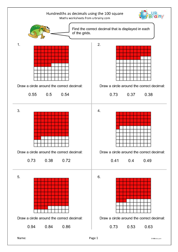 Hundredths As Decimals Using 100 Square Fraction And Decimal 
