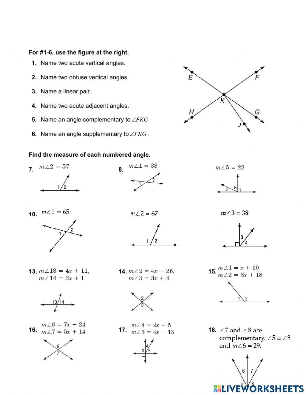 Identify Each Pair Of Angles As Adjacent Vertical Complementary 