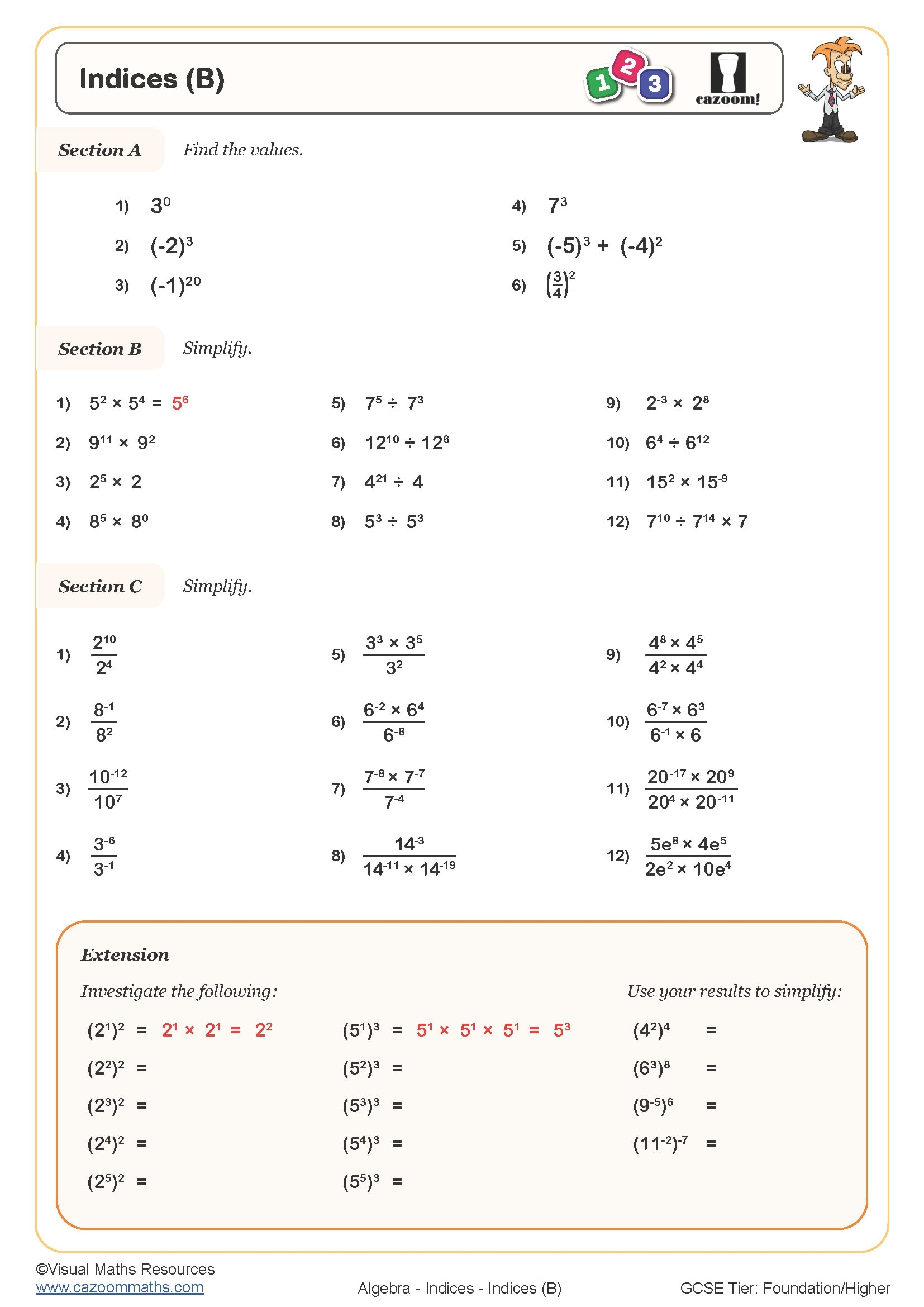 Indices B Worksheet Printable PDF Worksheets
