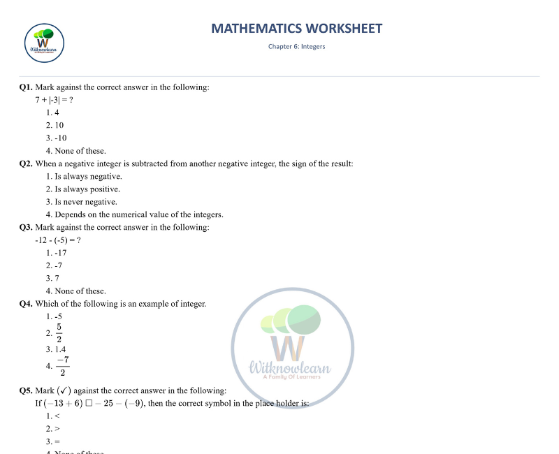 Integers Class 6 Worksheet With Answer