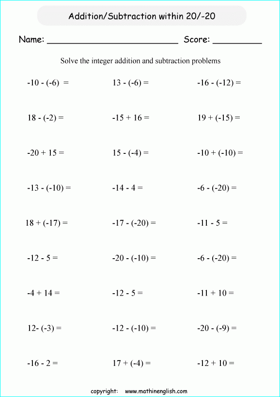 Integers Class 6 Worksheet