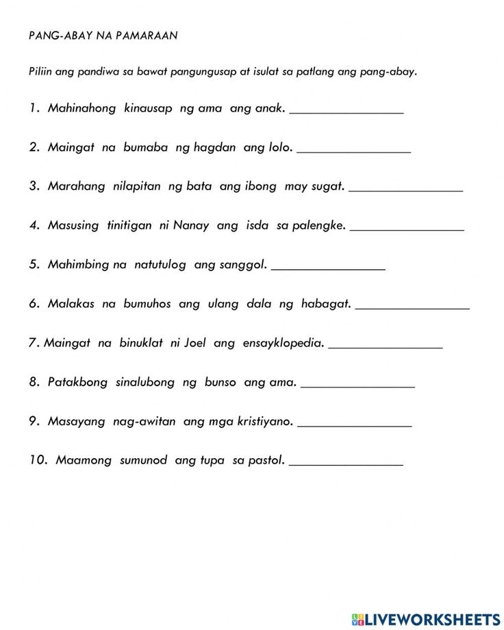 Interactive Worksheet Pang abay Na Pamaraan