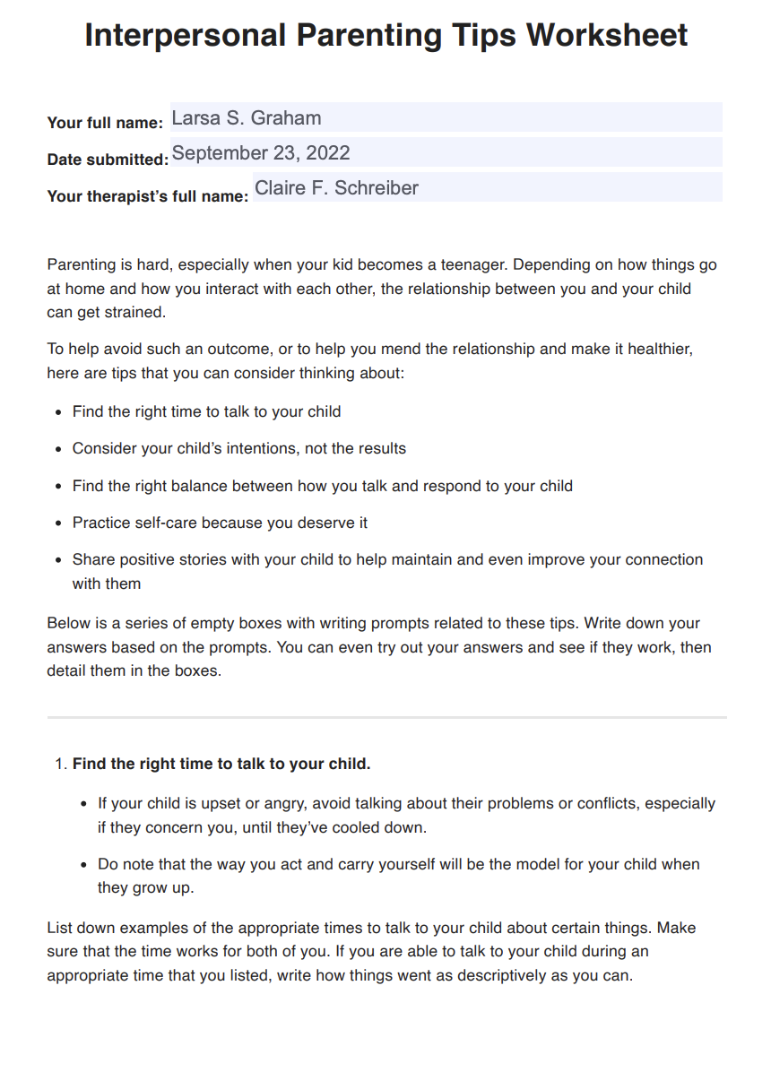Interpersonal Parenting Tips Worksheet Example Free PDF Download DBT