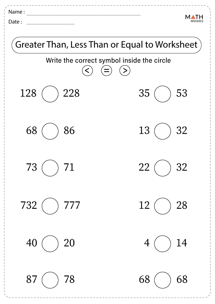 Less Than More Than Worksheets