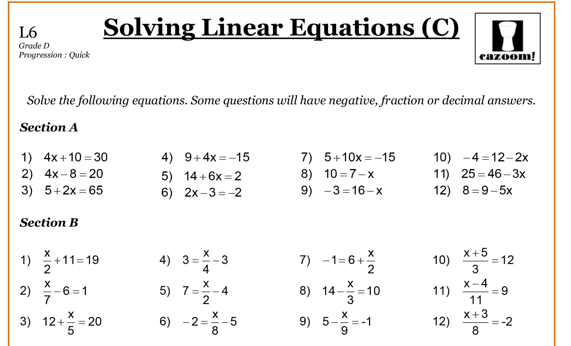 Linear Equation Worksheet For Grade 8 Tessshebaylo