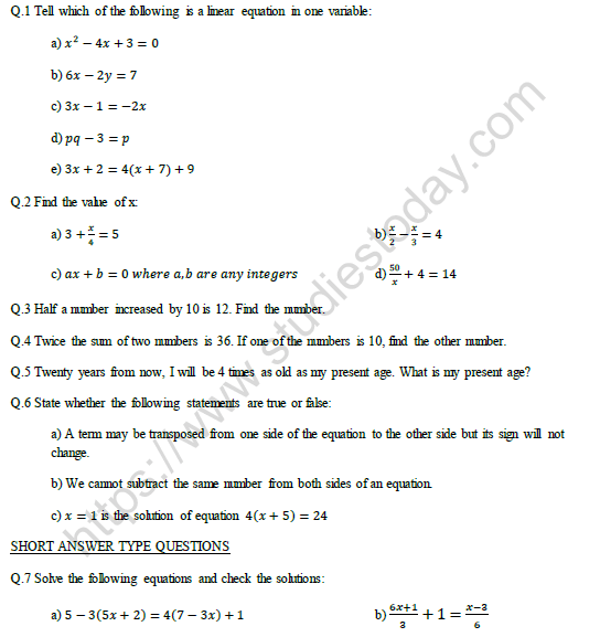 Linear Equations In One Variable Class 8 Worksheets Worksheets Master