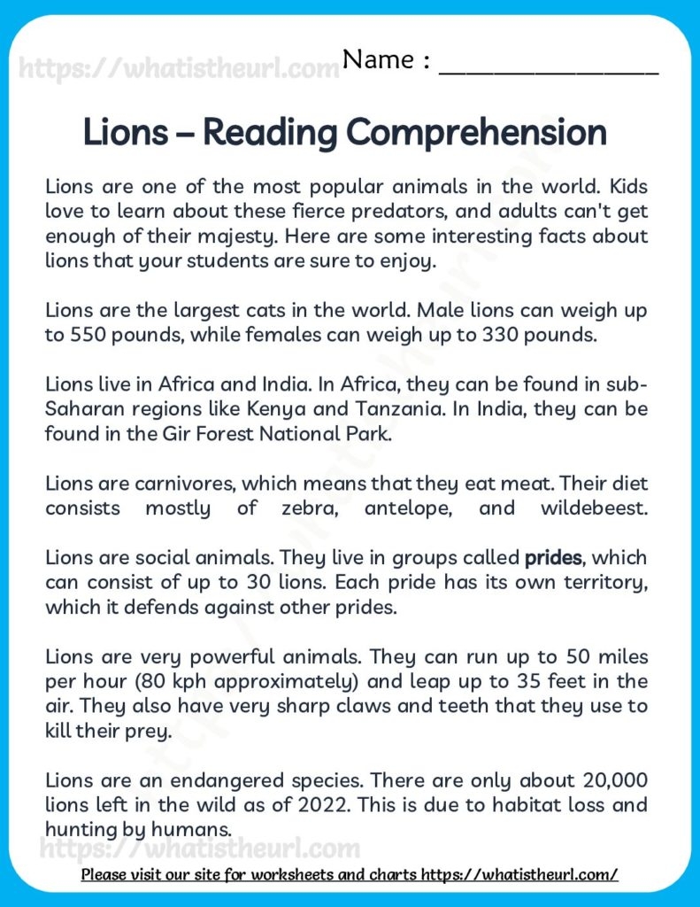 Lion Reading Comprehension Your Home Teacher