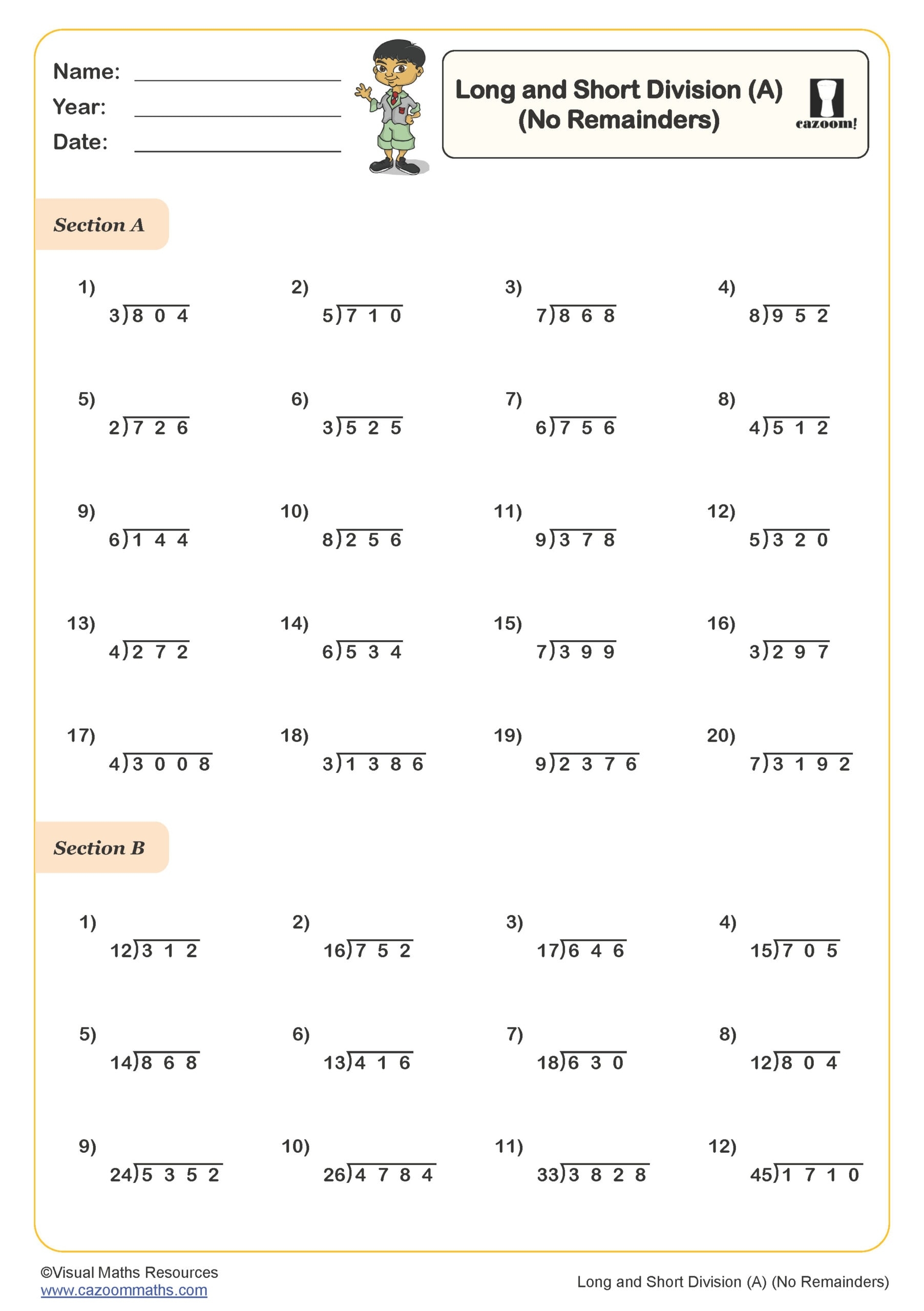 Long Division No Remainders B Worksheet For 4th 6th Grade 