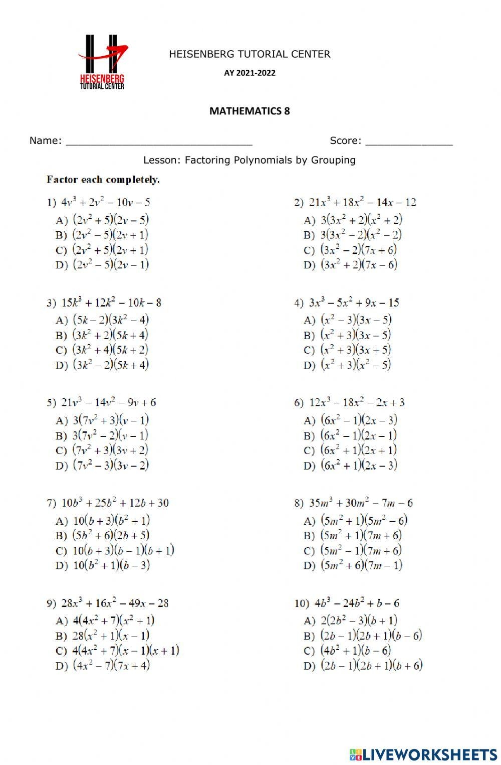 M8 factoring Polynomials Worksheet Live Worksheets Worksheets Library