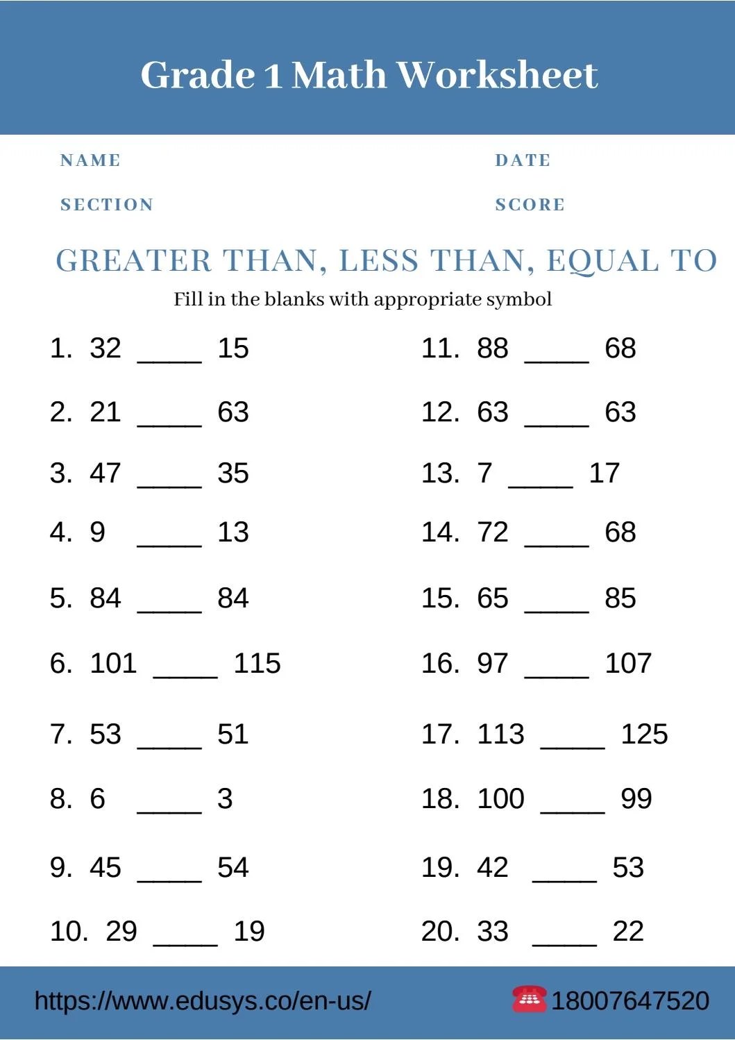 Maths Worksheet For Class 1 Pdf Free Download