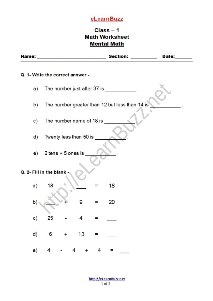 Mental Math Exercise For Class 1 Kids Set 2 ELearnBuzz