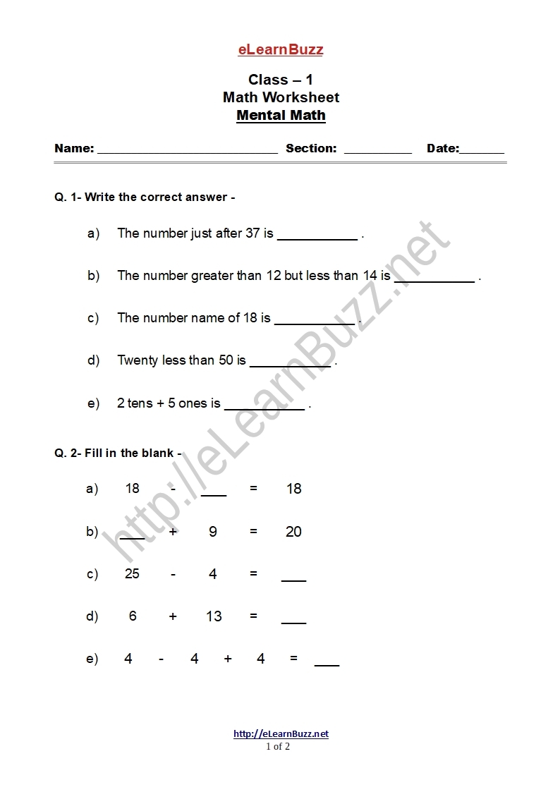 Mental Math Exercise For Class 1 Kids Set 2 ELearnBuzz