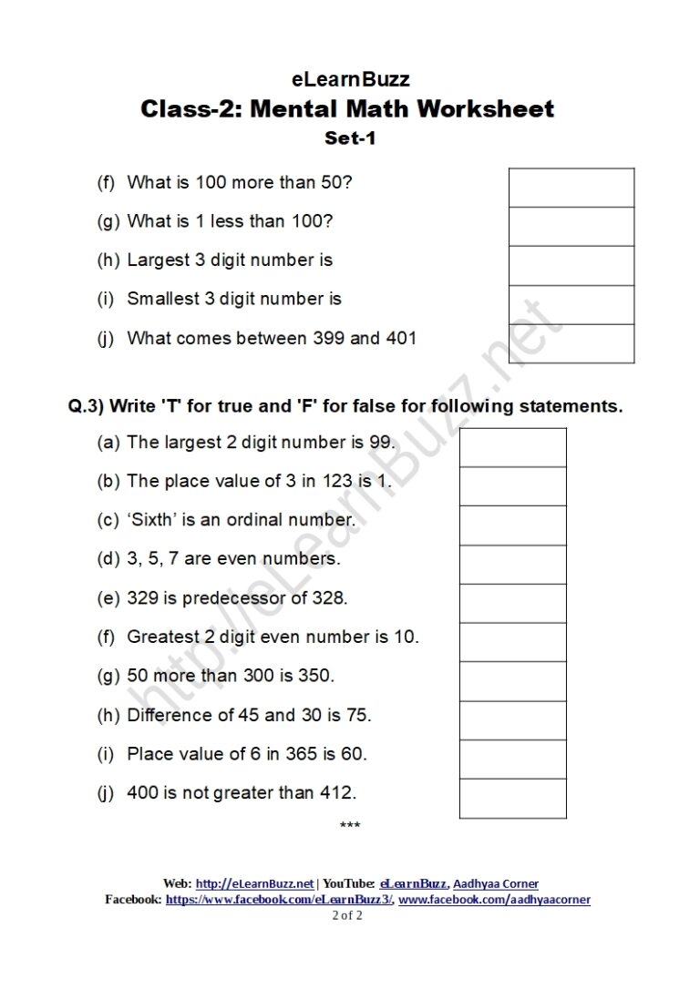 Mental Math Worksheet For Class 2 Set 1 ELearnBuzz