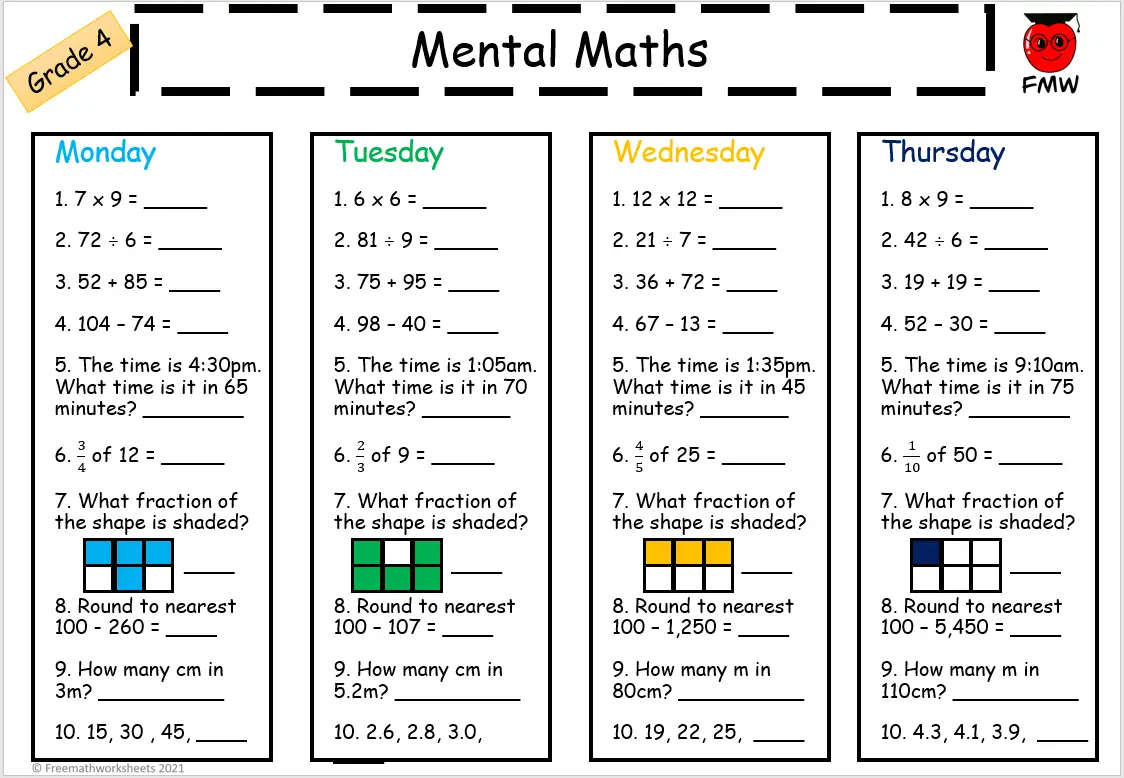 Mental Maths Worksheets For Grade 4