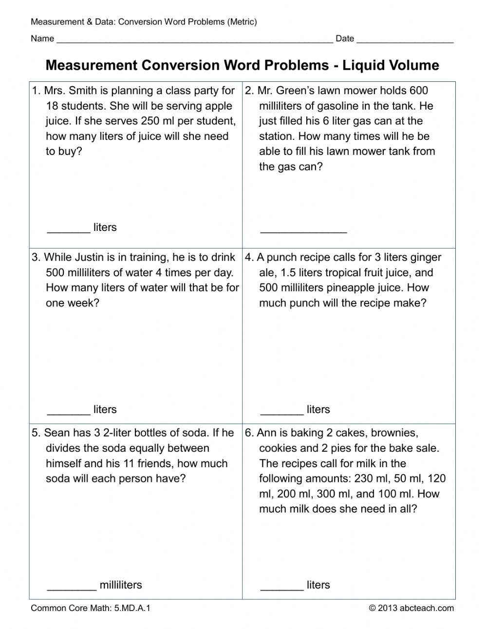 Metric Mass And Volume Measurement In Word Problems Worksheet 