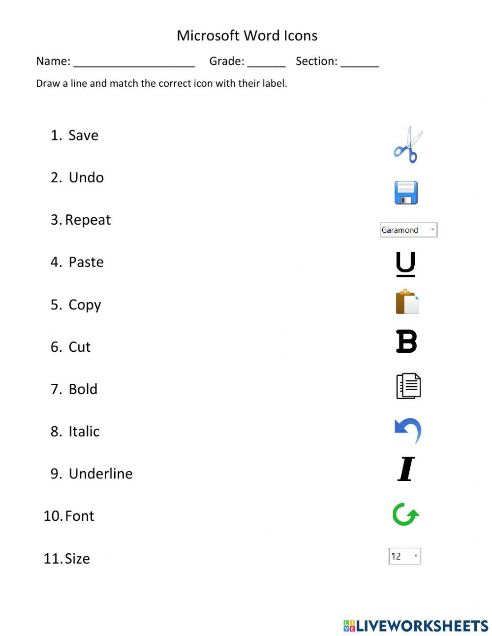 Microsoft Word Icons Worksheet