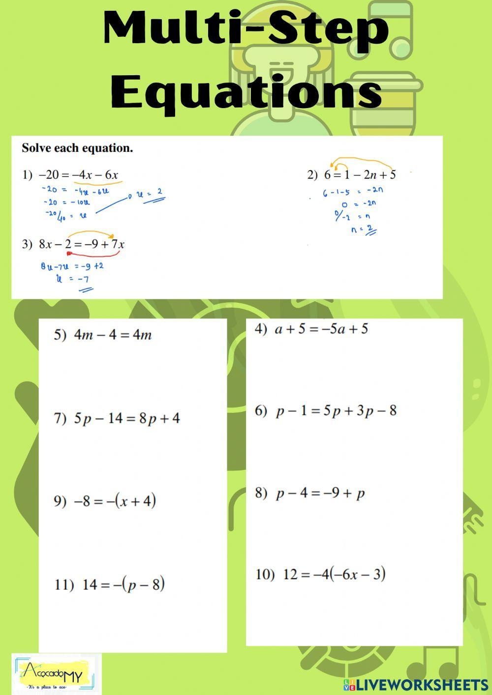 Multi Step Equations Exercise Live Worksheets Worksheets Library