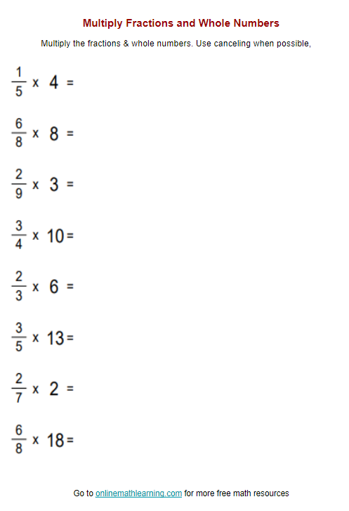 Multiply Fractions Whole Numbers Worksheet examples Answers 