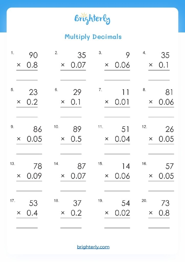 Multiplying Decimals Practice Printable Worksheets