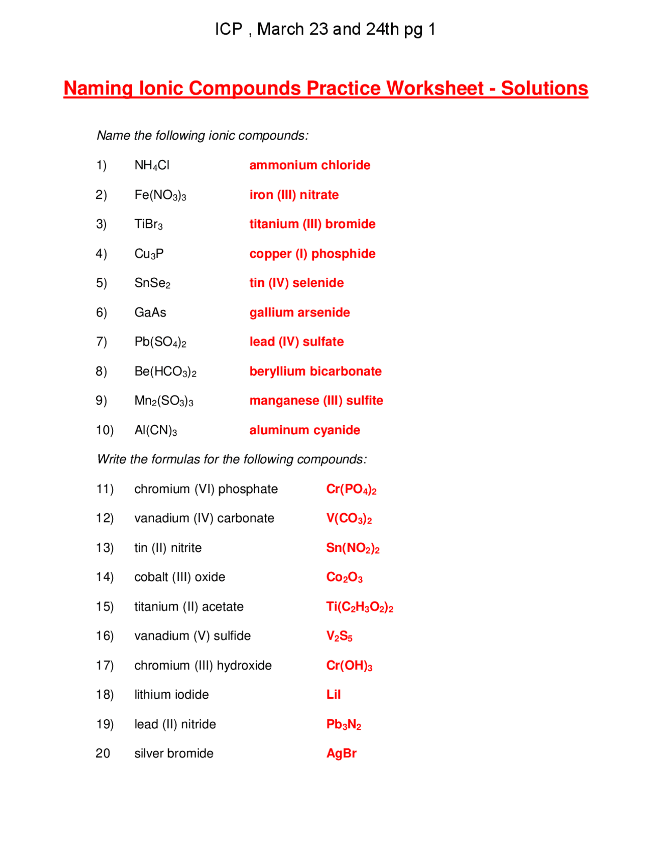Naming Ionic Compounds Practice Worksheet Lecture Notes