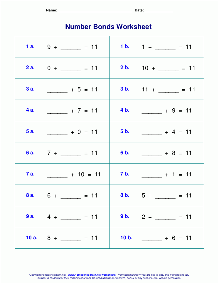 Number Bonds Worksheets