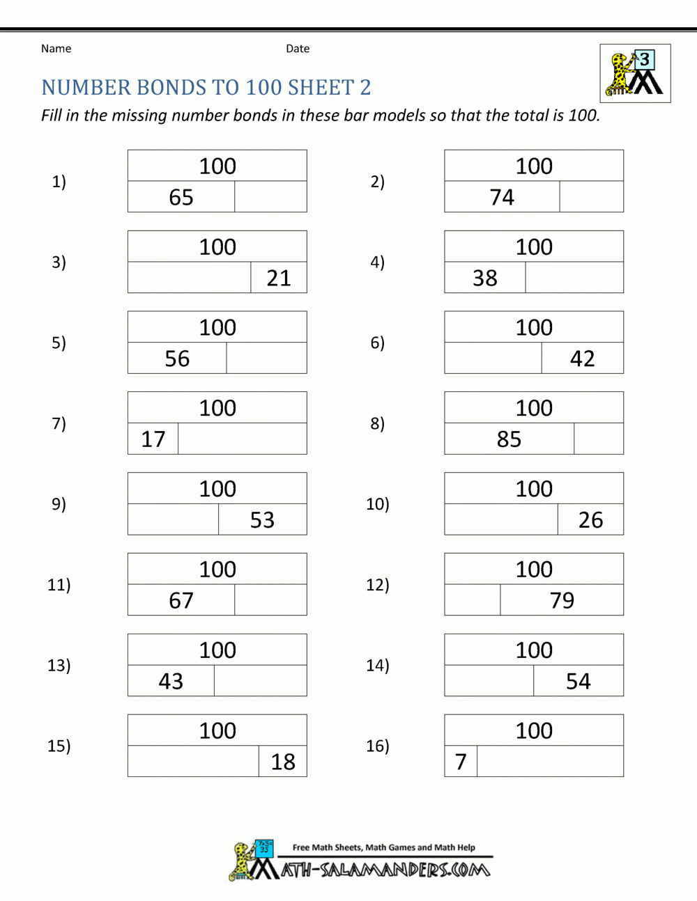 Number Bonds Worksheets Db excel