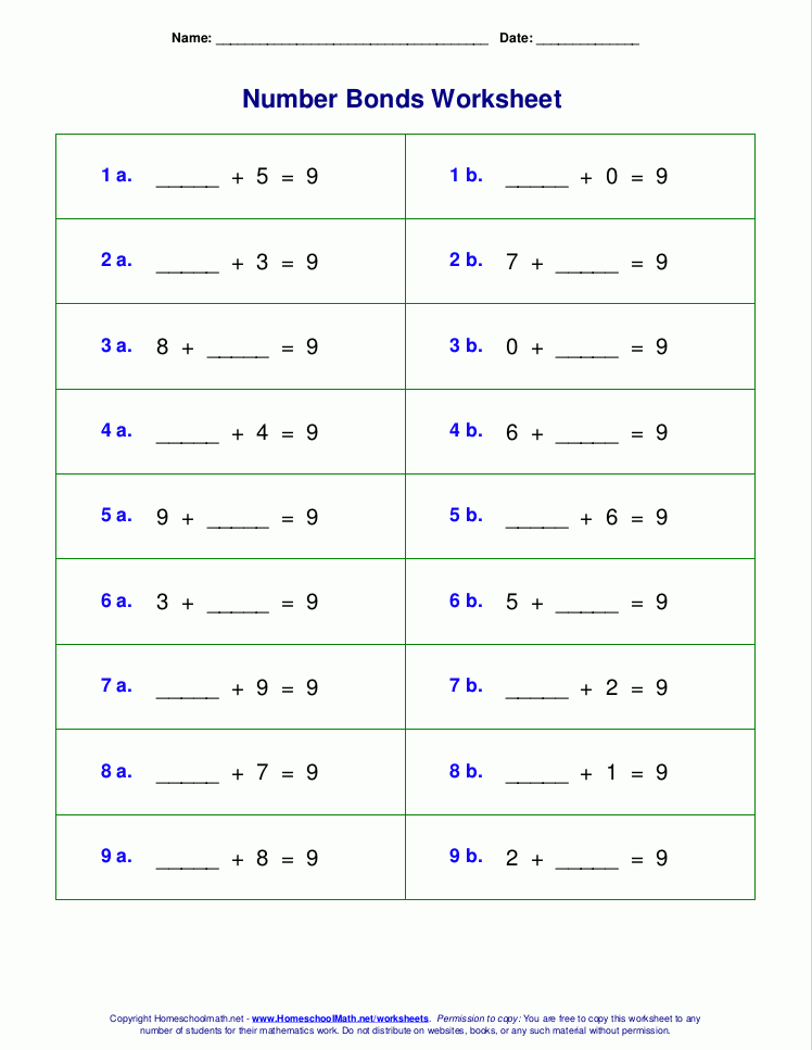 Number Bonds Worksheets