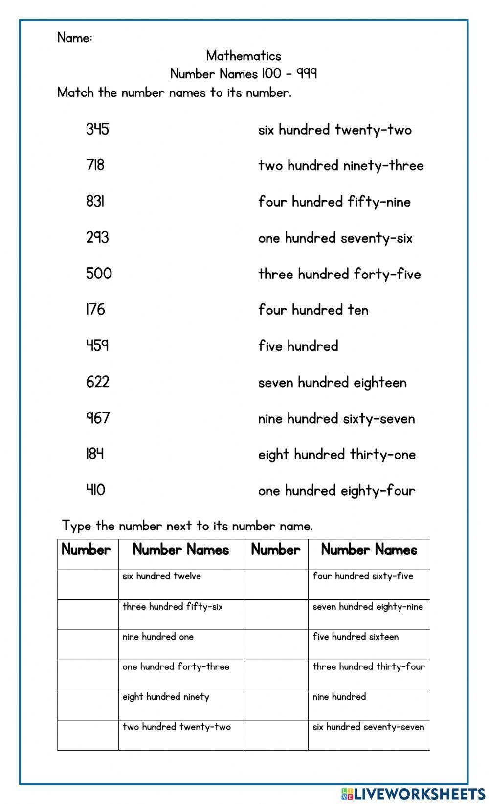 Number Names 100 200 Worksheet Live Worksheets Worksheets Library