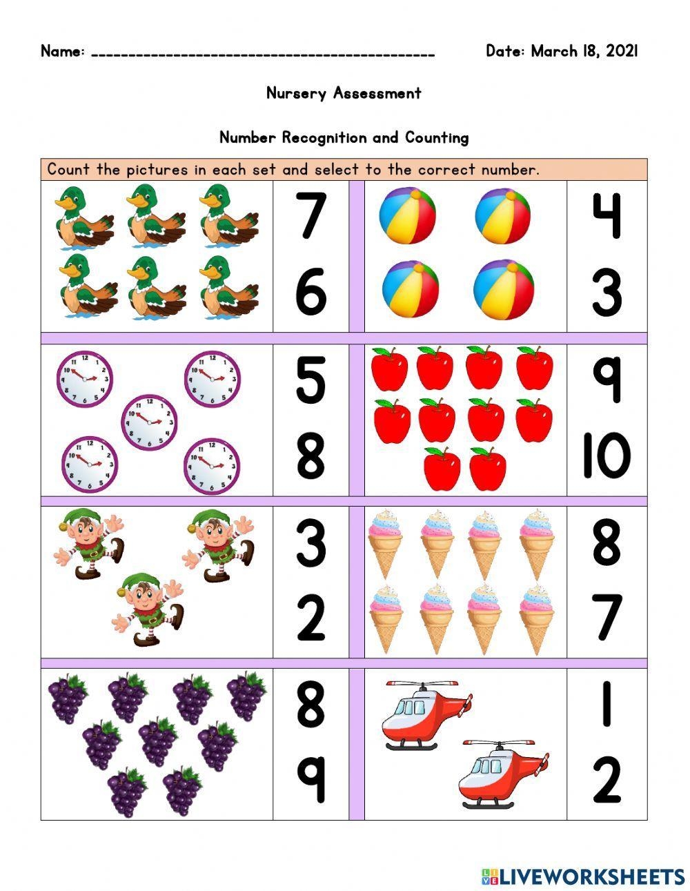 Nursery Assessment Numbers And Counting Worksheet Live Worksheets 
