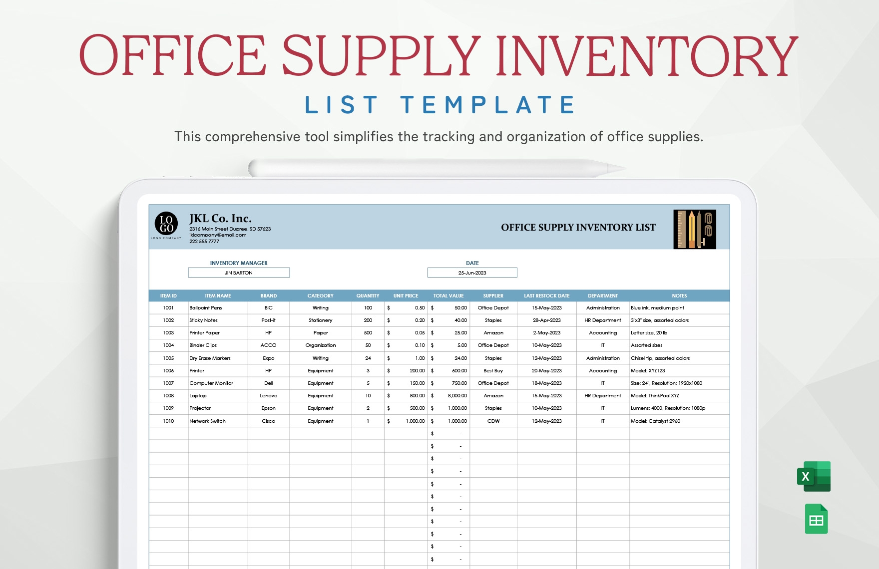 Office Supply Inventory List Template In Excel Google Sheets 