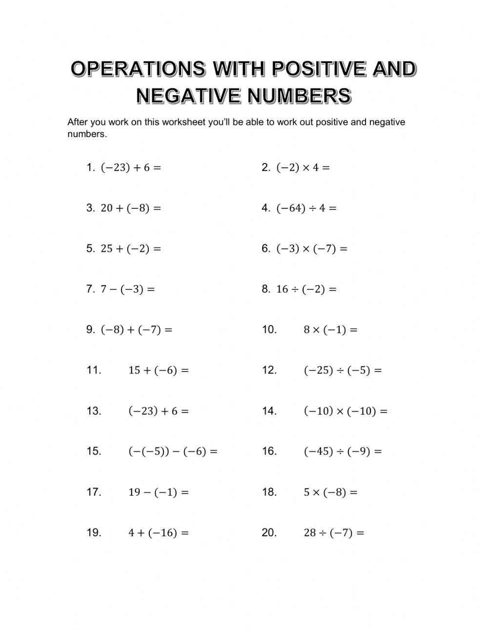 Operations With Positive And Negative Numbers Interactive 