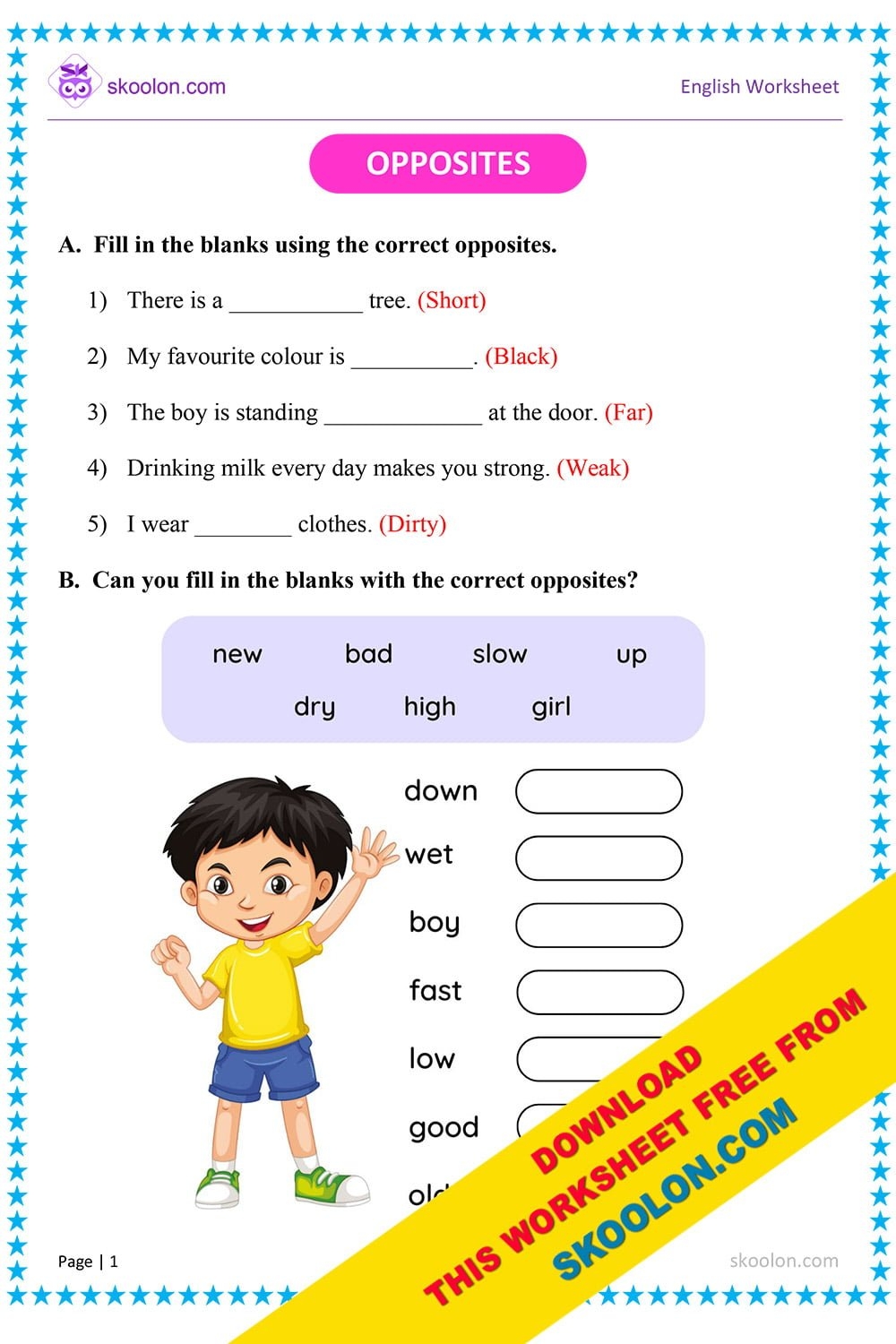 Opposites Worksheet 7 Skoolon Worksheets Library