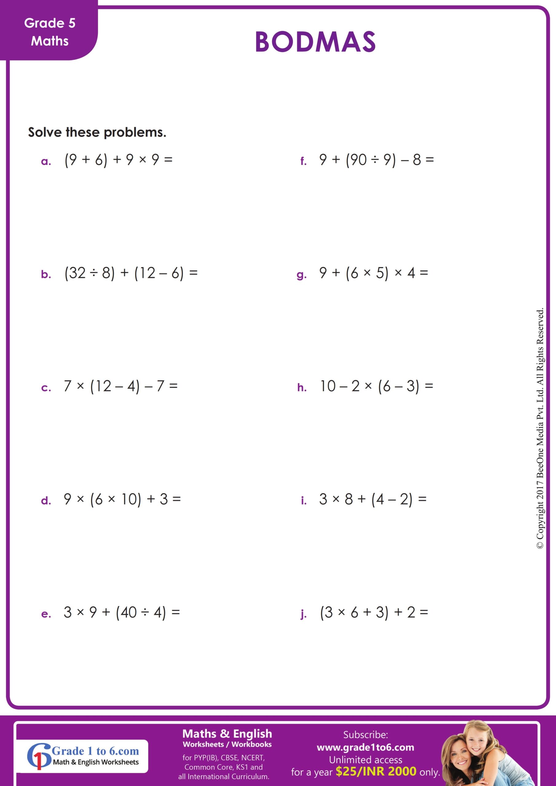 Order Of Operations BODMAS Grade1to6 Worksheets Library