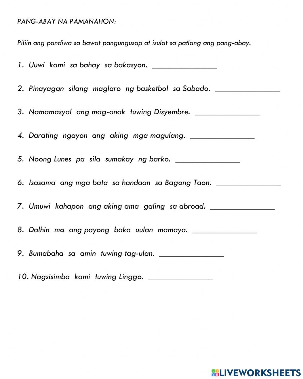 Pamanahon Worksheet Identify Verbs And Adverbs