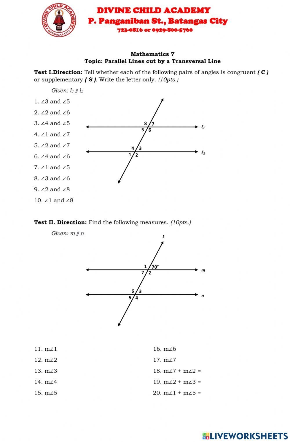Parallel Lines Cut By A Transversal Interactive Worksheet Live 