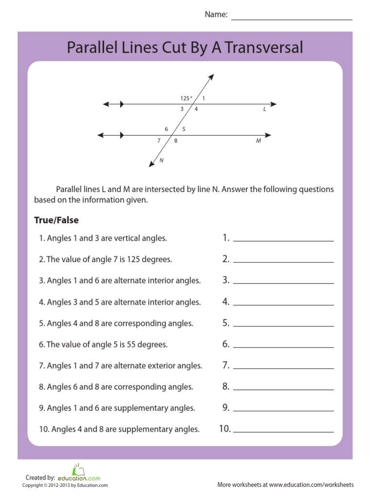 Parallel Lines Cut By A Transversal Worksheet Examples And Notes 