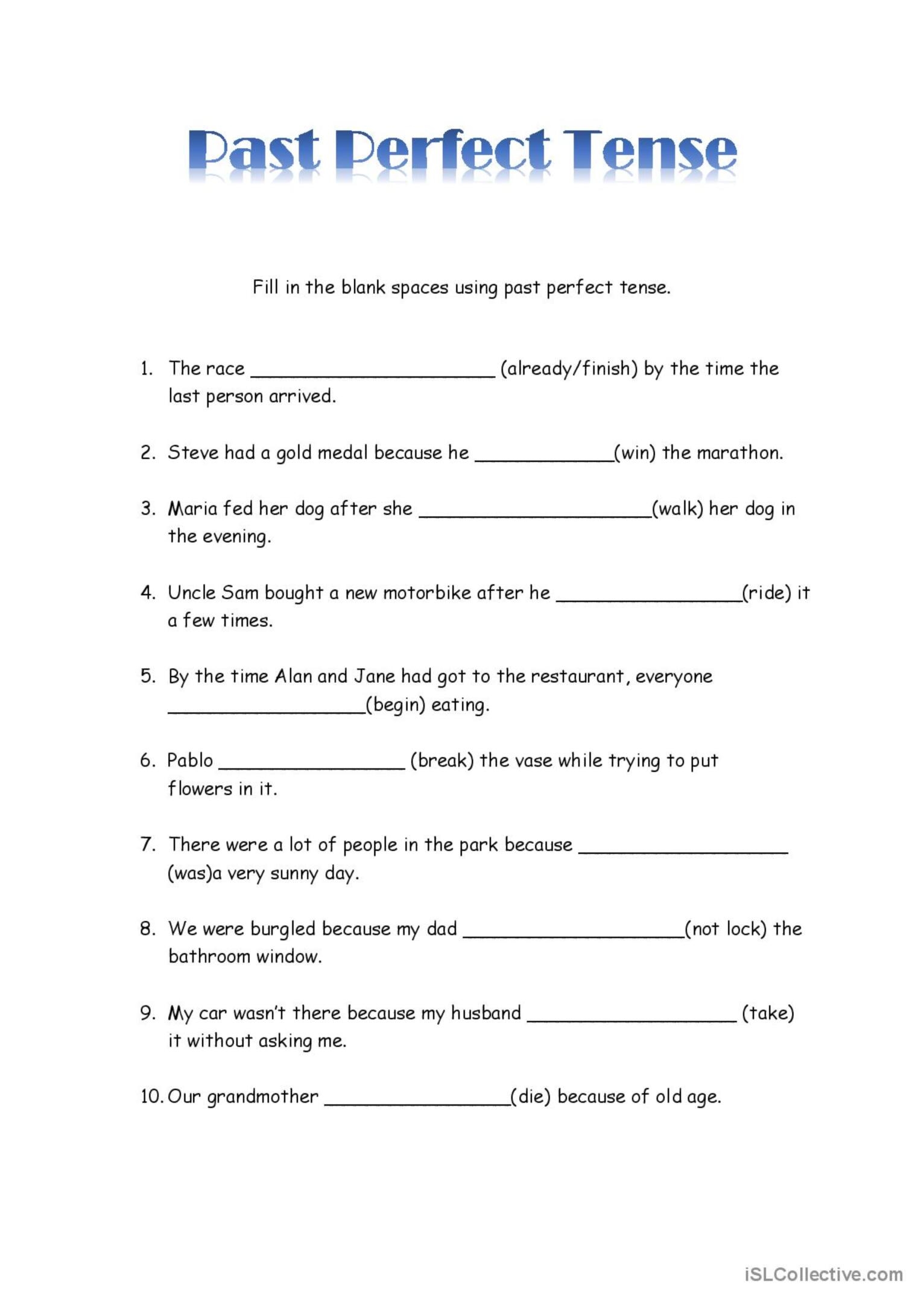 Past Perfect Tense Worksheet General English ESL Worksheets Pdf Doc