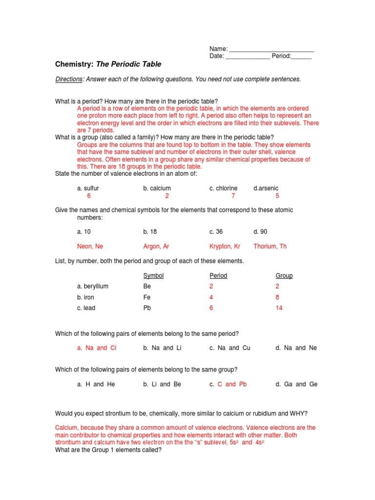 Periodic Table Trends Worksheet Answers PDF Periodic Table
