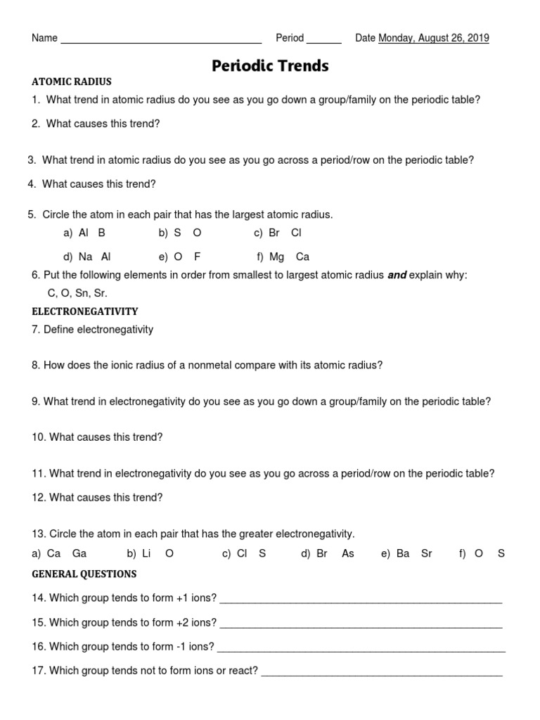 Periodic Trends Worksheet PDF Chemical Elements Ion Worksheets 