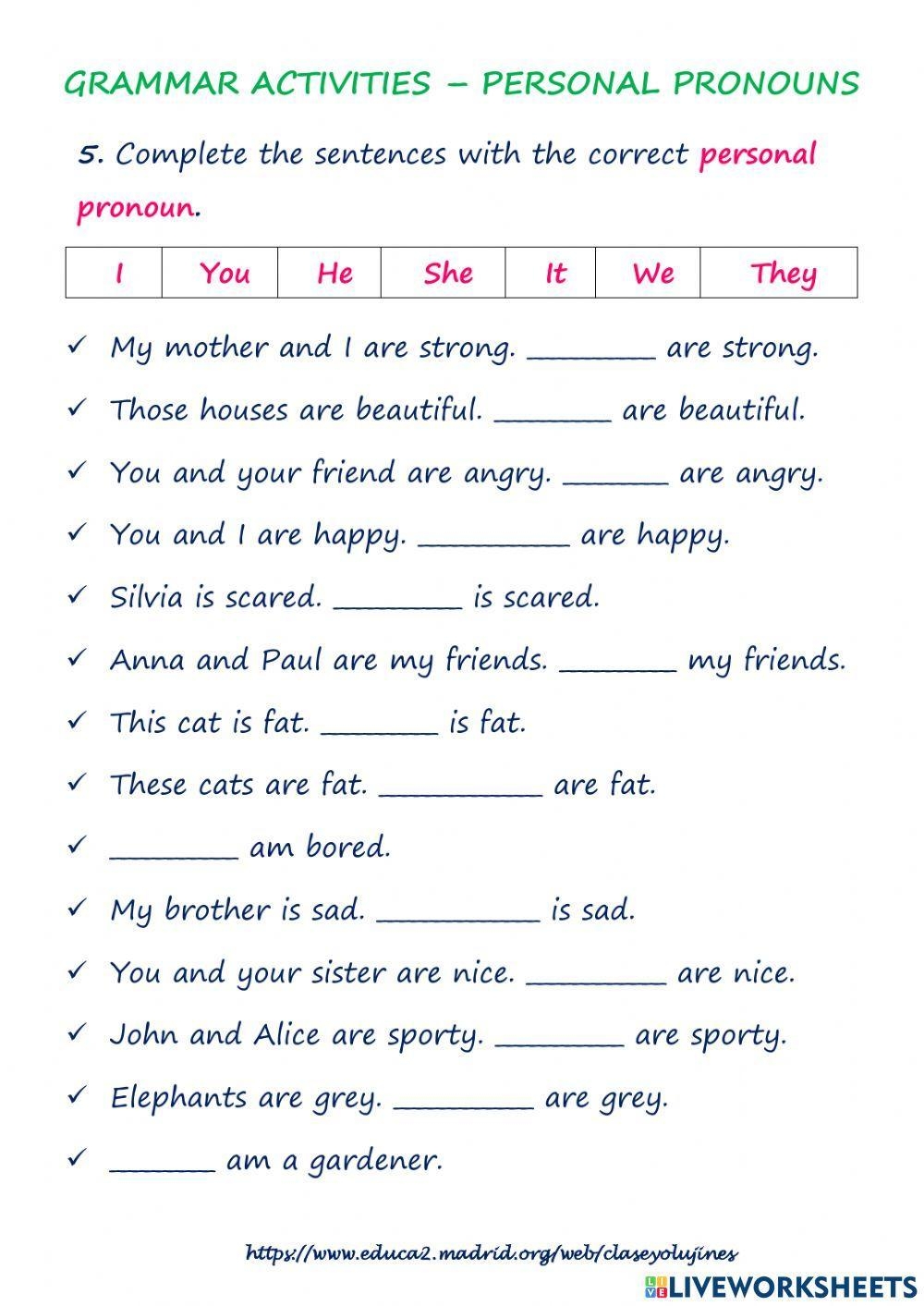 Personal Pronouns Online Exercise For Grade 3 Live Worksheets 