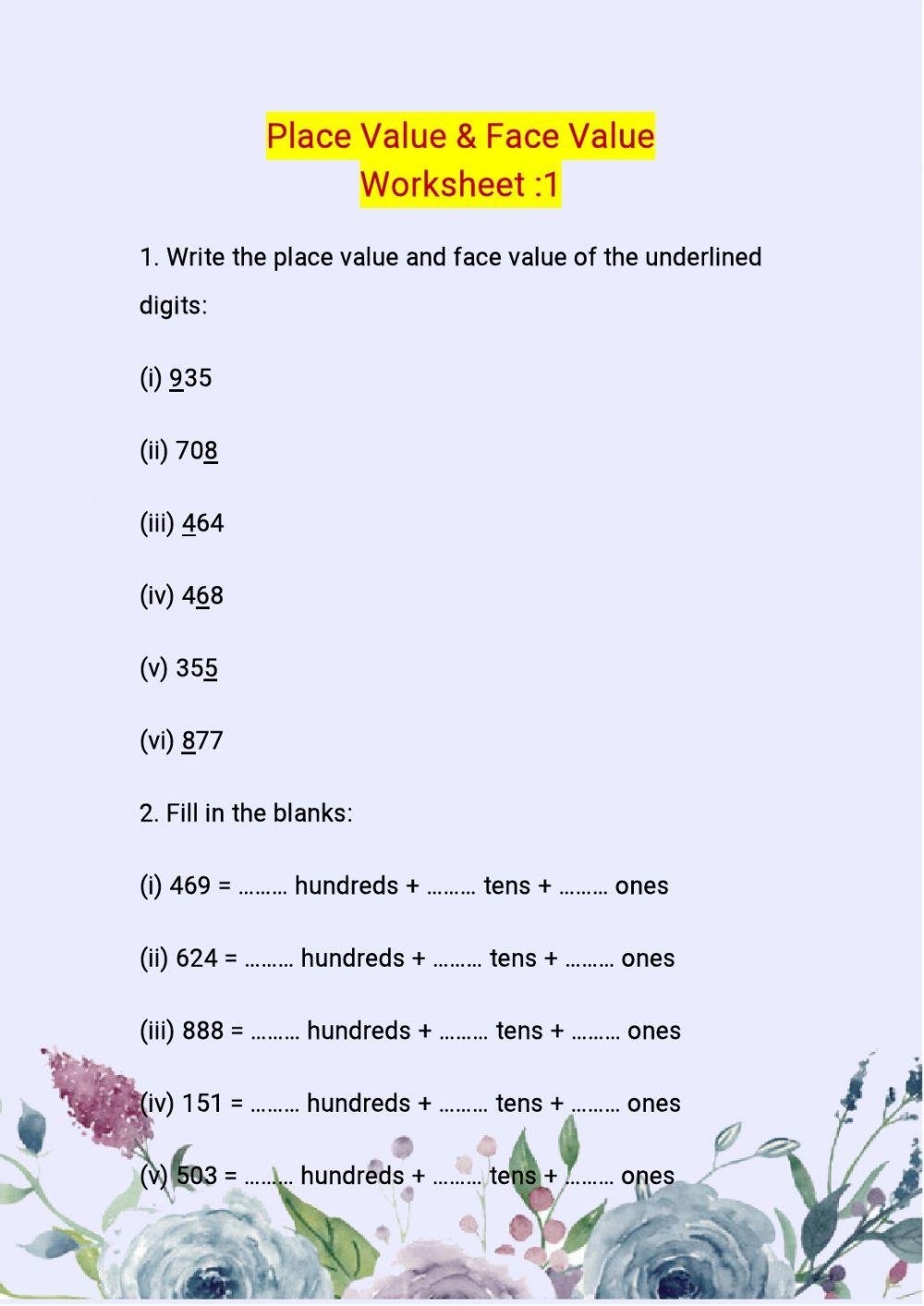Place Value And Face Value Worksheets Worksheets Day