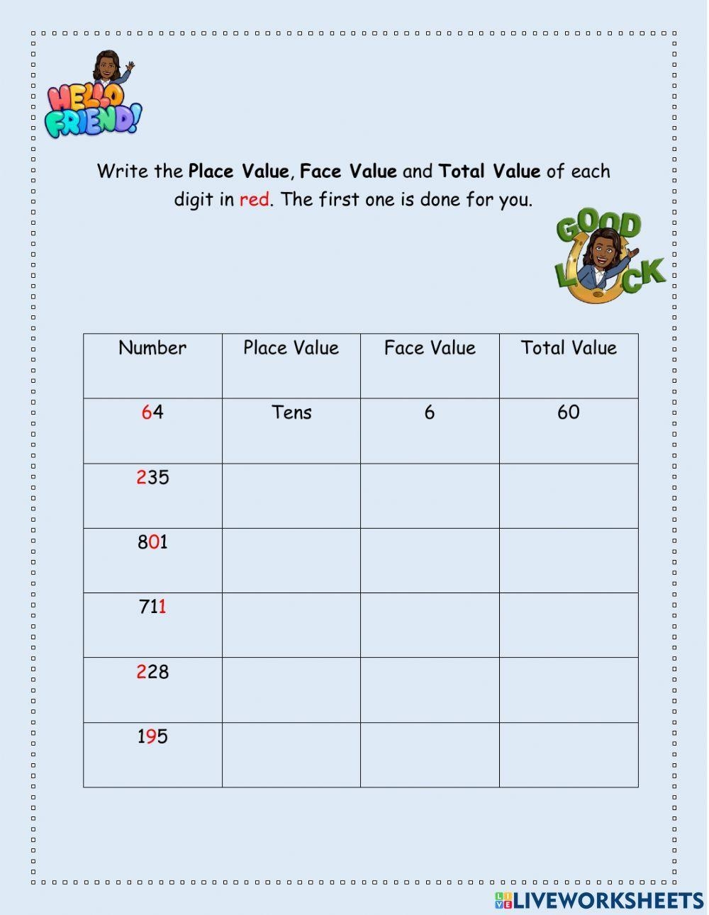 Place Value Face Value And Total Value Worksheet Live Worksheets 