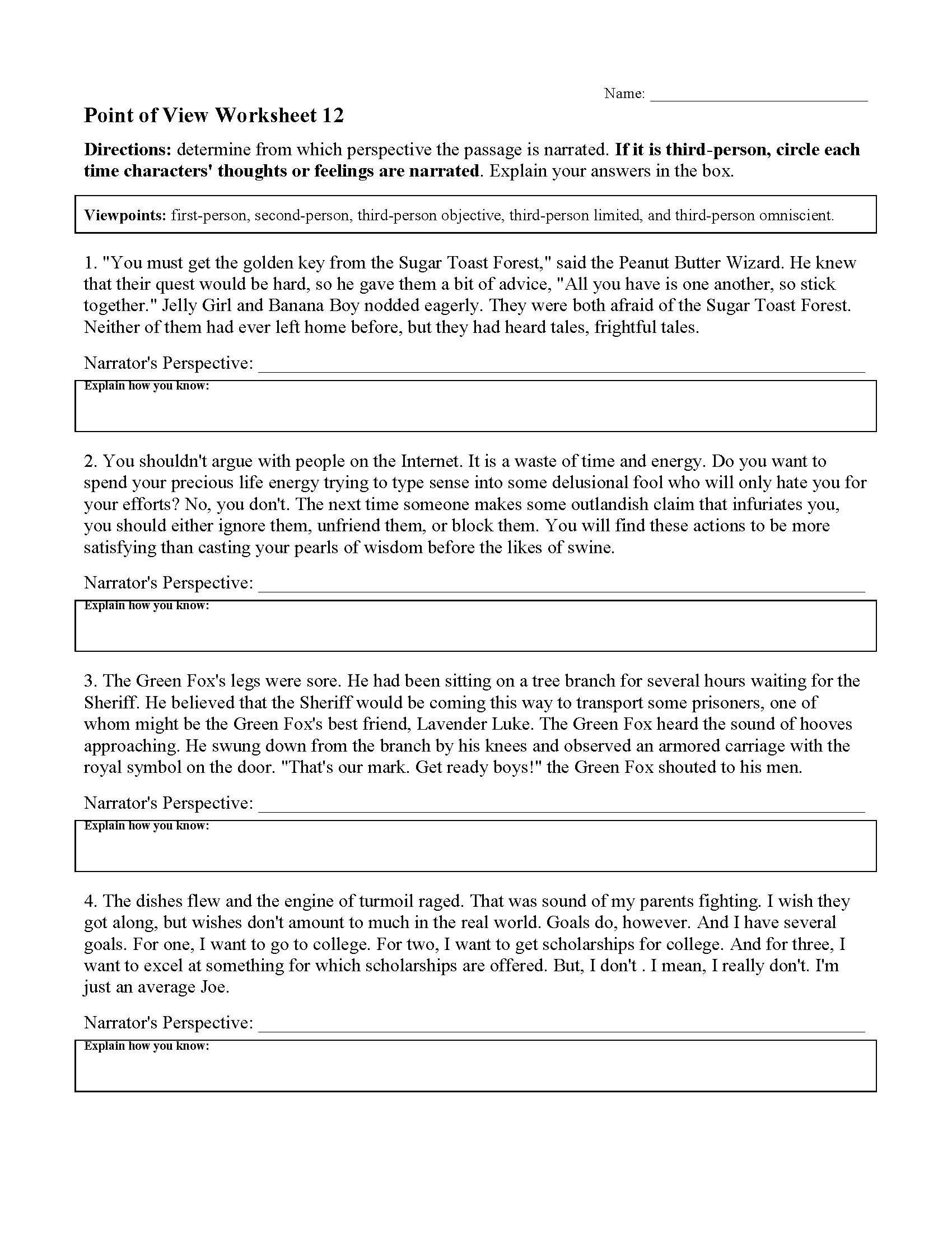 Point Of View Worksheet 12 Preview