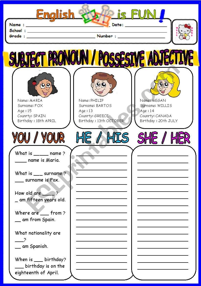 Possessive Adjective Spanish Worksheet Pro Worksheet