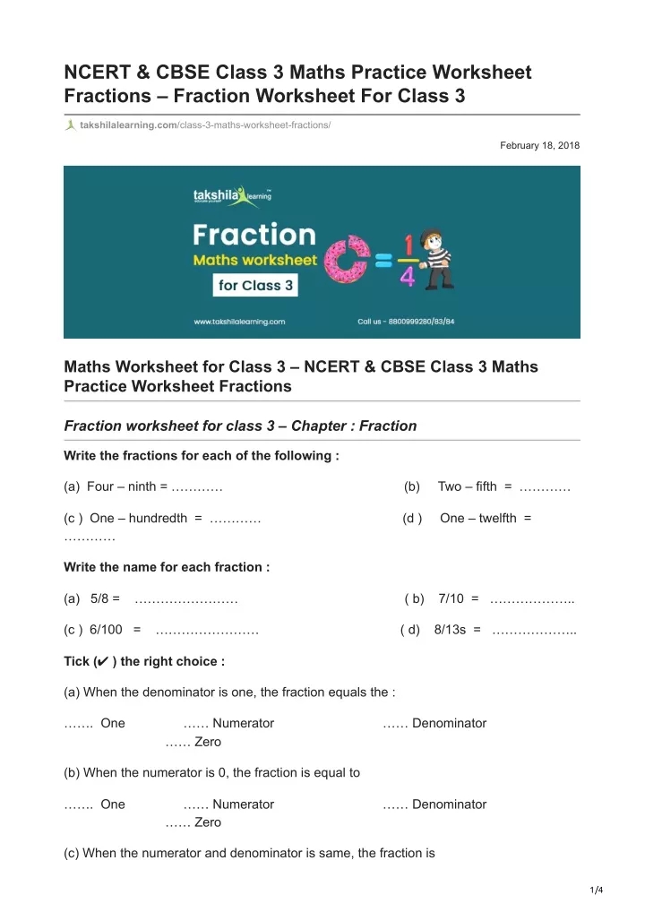 PPT NCERT CBSE Class 3 Maths Practice Worksheet Fractions Fraction 