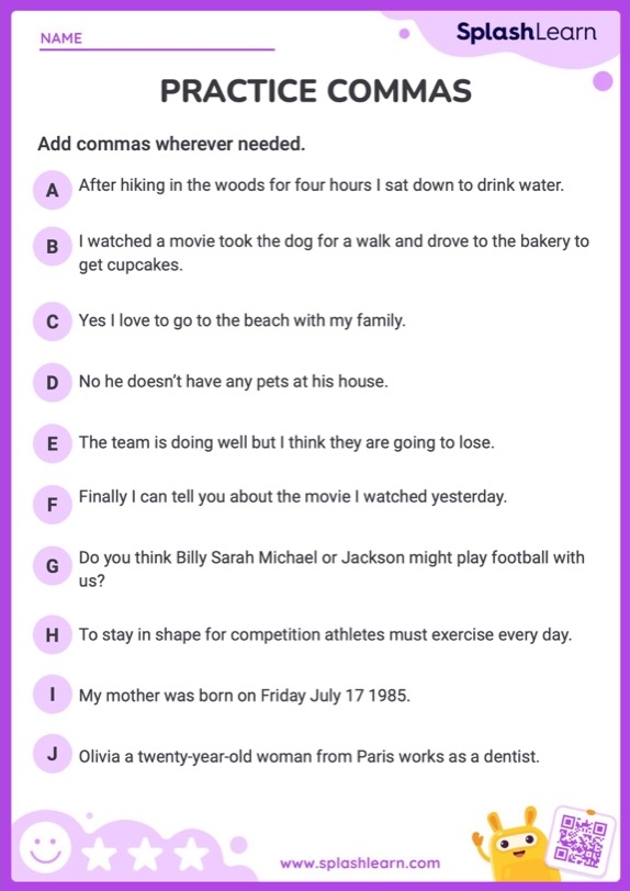 Practice Commas ELA Worksheets SplashLearn Worksheets Library