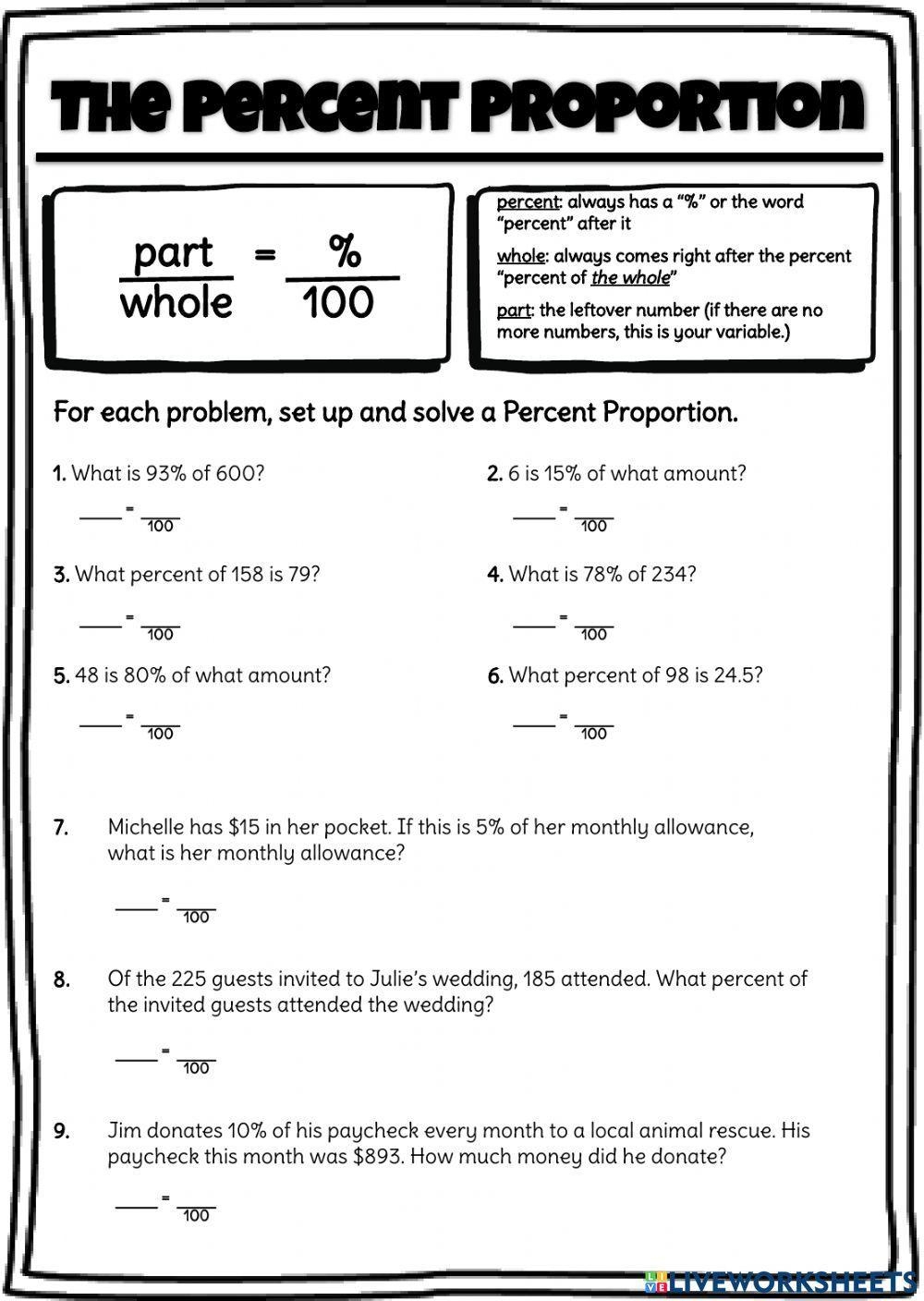 Practice The Percent Proportion Worksheet Live Worksheets 